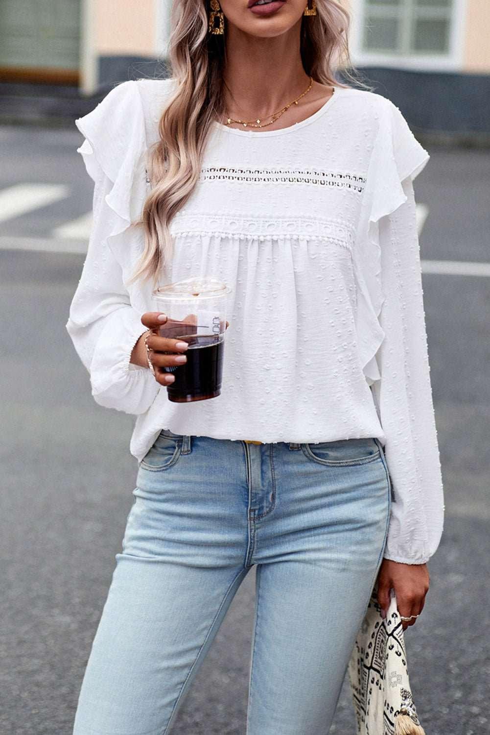 Round Neck Ruffled Blouse - VILLA FASHION